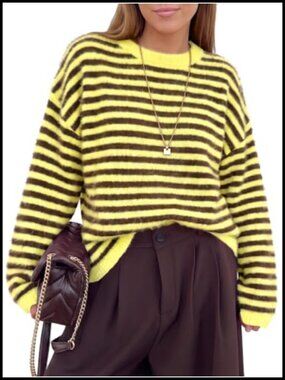 Fuzzy Striped Crew Neck Knit Pullover Sweater Women Cozy Winter Top